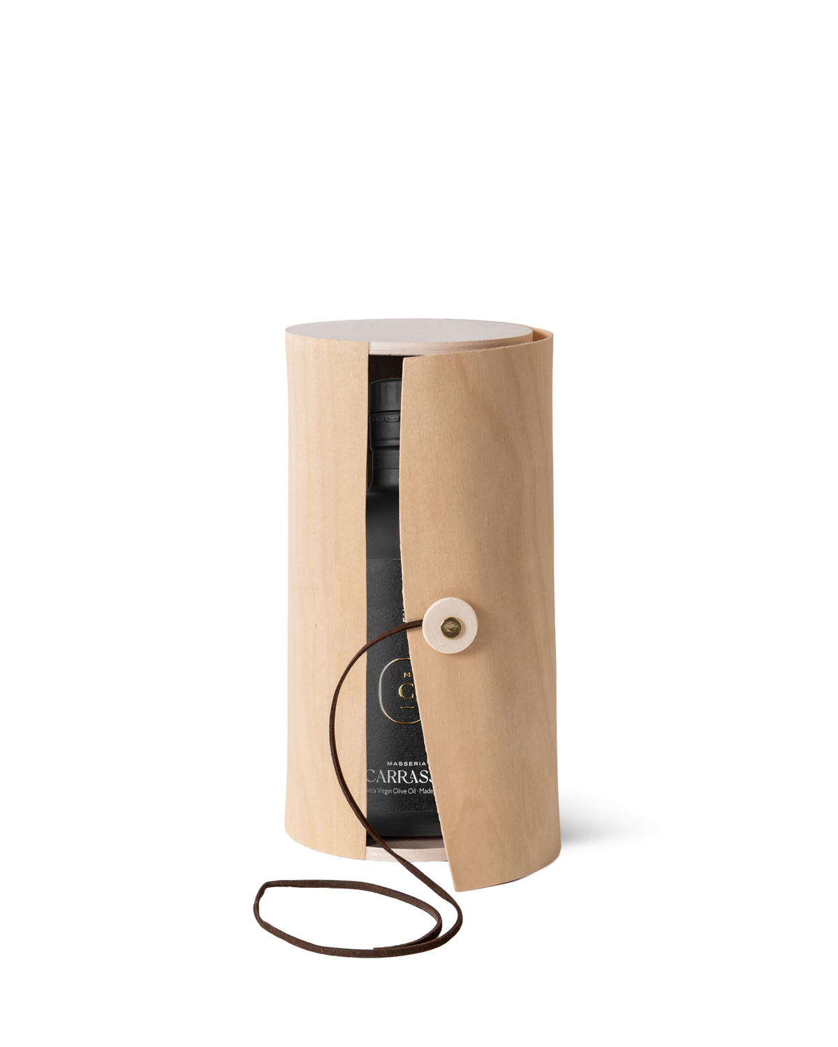 Masseria Carrassa olive oil bottle in open bamboo gift box