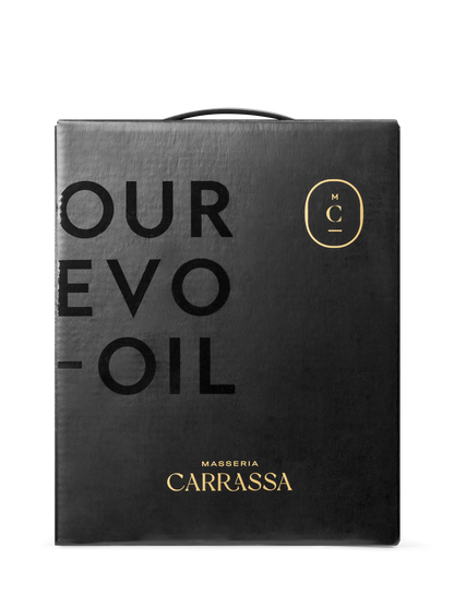 Masseria Carrassa "Our EVO Oil" black bag-in-box, front view