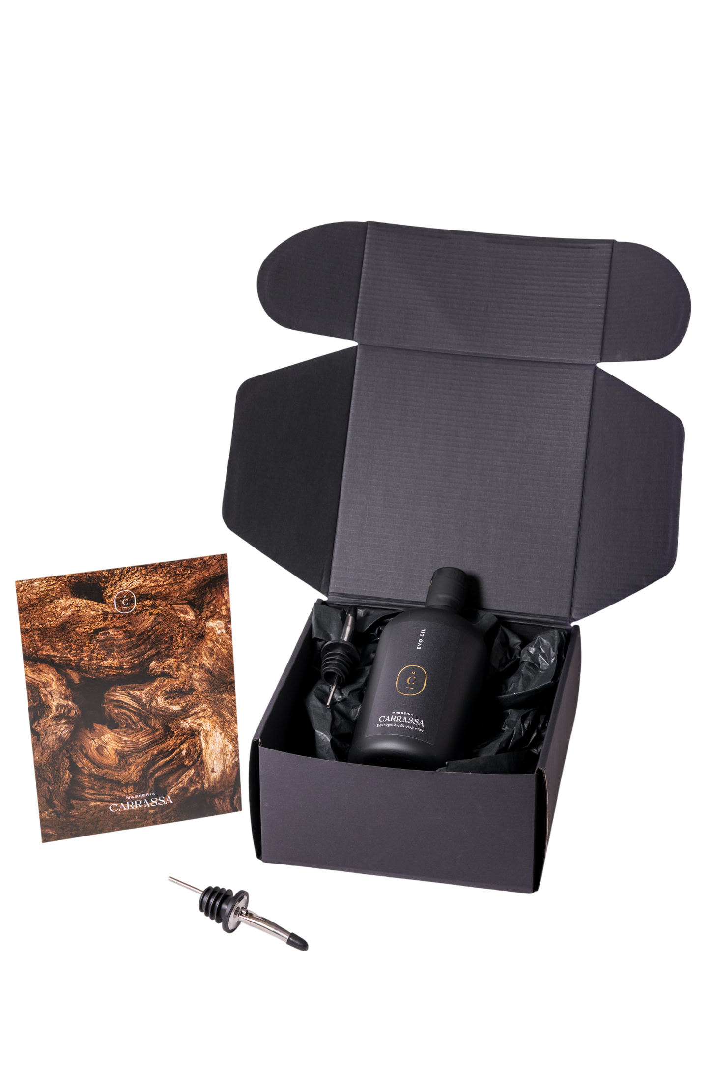 Open Masseria Carrassa gift box showing olive oil bottle and droppe