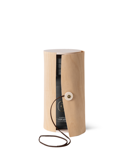 Masseria Carrassa olive oil bottle in open bamboo gift box